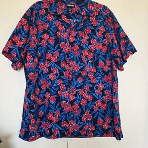 Lands End Hawaiian Camp Shirt Sz L Bright Blue/Red Rayon Cotton Blend **EUC **